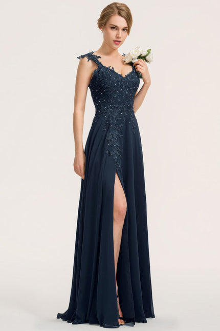 Robe Demoiselle D'Honneur Bleu Marine Dentelle Perles - gallery 1