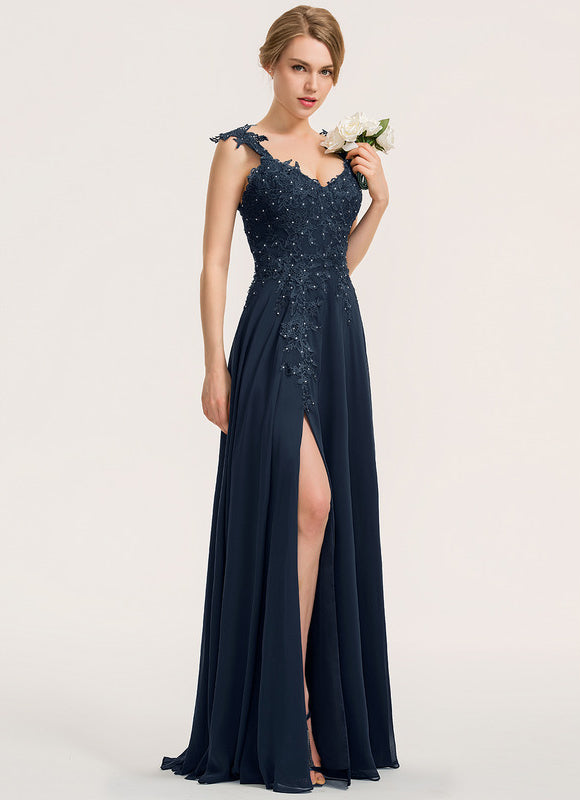 Robe Demoiselle D'Honneur Bleu Marine Dentelle Perles - gallery 1